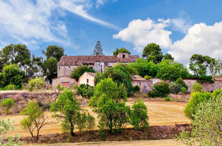 Téléchargez les photos : Une ancienne maison de campagne en pierre abandonnée en Catalogne, entourée d'une prairie et d'arbres - en image libre de droit