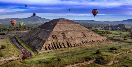 Photo for An aerial view of hot air balloons above the Teotihuacan pyramid in Mexico city - Royalty Free Image