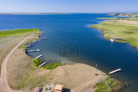 Photo for An aerial view over The Sky Trail Bridge by Lake Diefenbaker in Saskatchewan, Canada - Royalty Free Image