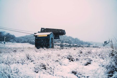 Photo for A winter landscape with a small lone house near the forest, power lines around - Royalty Free Image
