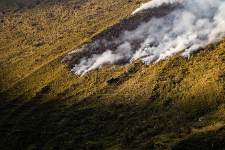 Téléchargez les photos : Les grands panaches de fumée de feu au sommet d'une montagne dans les Andes péruviennes - en image libre de droit