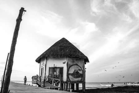 Foto de Una vista a escala de grises de una cabaña al lado del muelle en la isla Holbox, México - Imagen libre de derechos