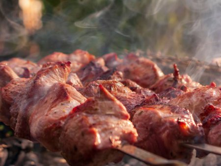 Photo for A closeup of meat on skewers on a grill with smoke coming out - Royalty Free Image