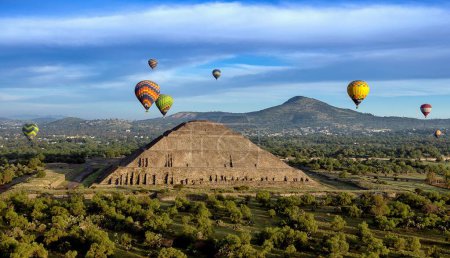 Photo for An aerial view of hot air balloons above the Teotihuacan pyramid in Mexico city - Royalty Free Image