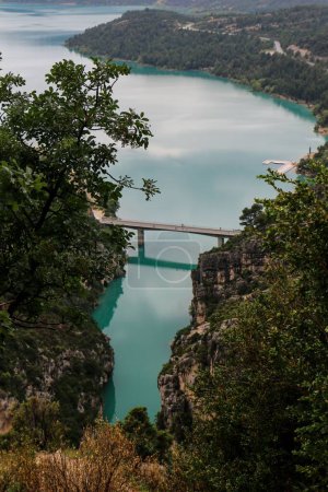 Photo for An aerial view of the bridge on a lake at Verdon Canyon, Lac du Croix, Haute Provence, France - Royalty Free Image