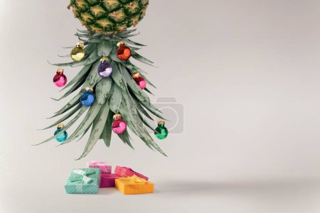 Photo for A 3D rendering of a Creative New Year's composition with a pineapple and Christmas decorations on a white background - Royalty Free Image