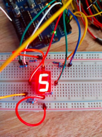 Photo for A vertical top view of number five on seven segment display breadboard - Royalty Free Image