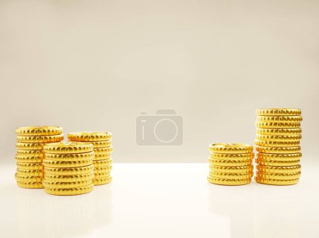 Téléchargez les photos : Tas de pièces d'or empilées ensemble sur un fond réfléchissant rendu 3d - en image libre de droit