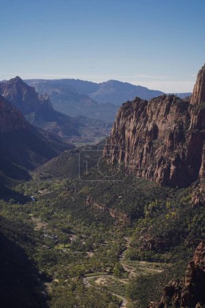 Photo for A vertical aerial view of the historic Zion National Park cliffs with the Angels Landing Trail - Royalty Free Image