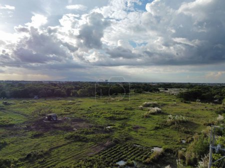 Téléchargez les photos : Une vue aérienne d'un champ vert luxuriant dans une zone rurale sous un ciel nuageux bleu - en image libre de droit