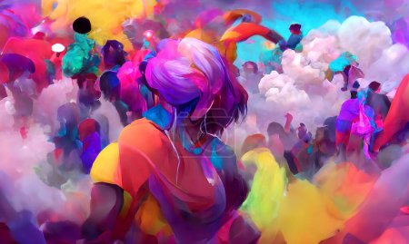 Foto de Una colorida ilustración generada por IA de un grupo divirtiéndose en un festival al aire libre - Imagen libre de derechos