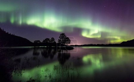 Foto de Un hermoso paisaje de aurora sobre un lago en una isla en Trondheim, Noruega - Imagen libre de derechos