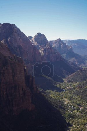 Photo for A vertical aerial view of the historic Zion National Park cliffs with the Angels Landing Trail - Royalty Free Image