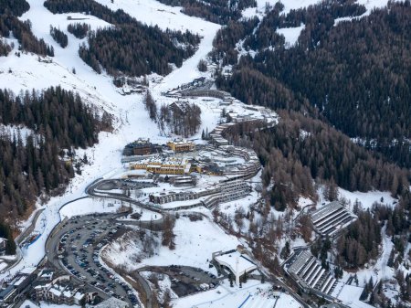 Photo for An aerial view of the town of Pila in Aosta Valley. Skiing and snowboarding destination in Italy - Royalty Free Image