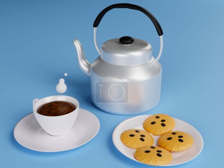 Foto de Arreglo de café de la mañana con galletas concepto de desayuno representación 3D - Imagen libre de derechos