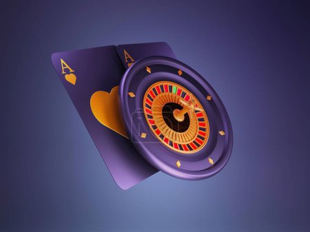 Téléchargez les photos : La roulette et les cartes à jouer flottent dans les airs. rendu 3D - en image libre de droit