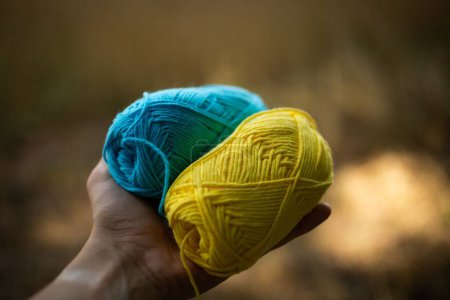 Foto de Un selectivo de bolas de lana azul y amarillo en una mano - Imagen libre de derechos