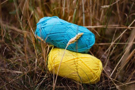 Photo for A closeup of blue and yellow threads on grass - Royalty Free Image