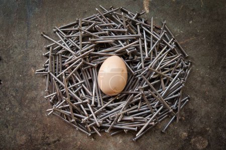 Foto de Huevo en medio de un nido hecho de clavos sobre un fondo metálico oxidado - Imagen libre de derechos