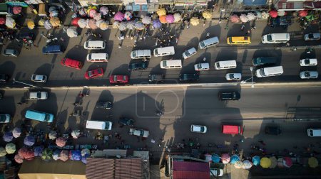 Photo for An aerial shot of colorful buses at lorry station in Ghana - Royalty Free Image