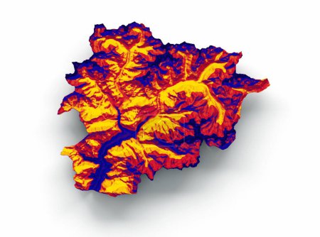 Téléchargez les photos : Un rendu 3D de la carte en relief d'Andorre avec les couleurs du drapeau sur un fond blanc - en image libre de droit
