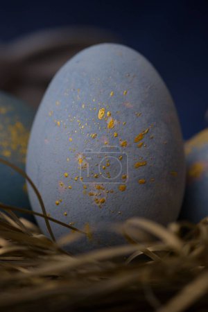 Foto de Una vista de primer plano de un huevo en color azul - Imagen libre de derechos