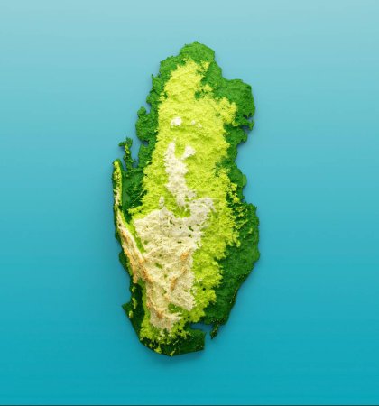 Téléchargez les photos : Une vue du dessus de Qatar Carte Relief ombragé Couleur Carte de hauteur sur la mer Bleu Fond, illustration 3d - en image libre de droit