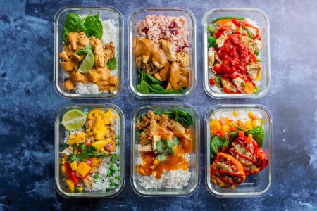 Foto de Una vista superior de diferentes comidas saludables en recipientes de vidrio - Imagen libre de derechos