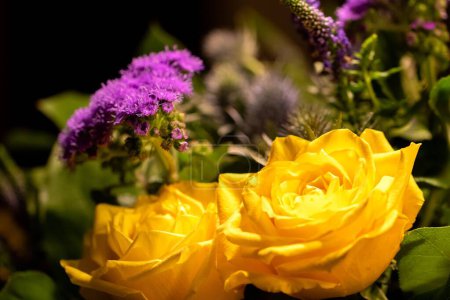 Foto de Un primer plano de rosas amarillas y plantas ageratum - Imagen libre de derechos