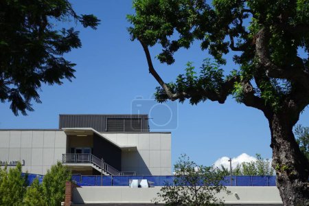 Téléchargez les photos : Un bâtiment moderne avec les escaliers menant à une porte entourée d'arbres verts par une journée ensoleillée - en image libre de droit