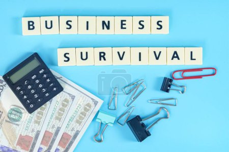 Foto de Un diseño de dinero falso, calculadora, clips de papel y texto "Business Survival" - Imagen libre de derechos