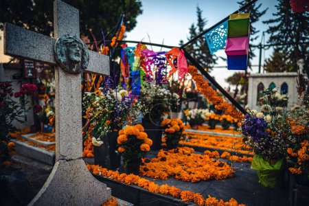 Foto de Las flores en un cementerio en la Ciudad de México para el desfile del Día de los Muertos - Imagen libre de derechos