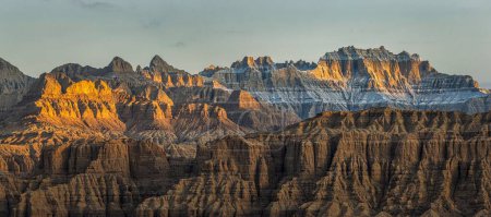 Photo for A panoramic shot of the unique landscape of Zanda earth forest during the sunrise in Ali Prefecture, Tibet, China - Royalty Free Image