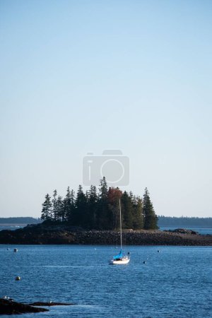 Photo for A vertical shot of a boat sailing on a calm coast in Bar Harbor, Maine, USA - Royalty Free Image