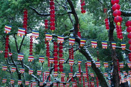 Téléchargez les photos : Les drapeaux de prière tibétains et les lanternes chinoises en papier rouge suspendues dans un jardin d'un temple bouddhiste - en image libre de droit