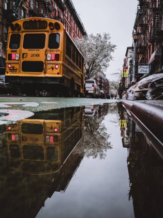 Foto de Un plano vertical de un charco que refleja un autobús escolar en las calles de Nueva York - Imagen libre de derechos
