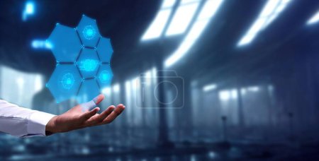 Photo for A futuristic wallpaper of a man holding a floating AI figure - Royalty Free Image