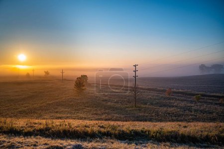Photo for The view of a field with powerlines at sunset. - Royalty Free Image