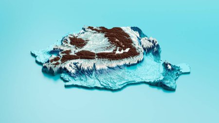 Téléchargez les photos : Un rendu 3D de la carte en relief neigeux de Roumanie isolé sur un fond bleu - en image libre de droit
