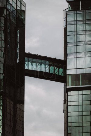 Foto de Un plano vertical de edificios de vidrio conectados con un puente - Imagen libre de derechos
