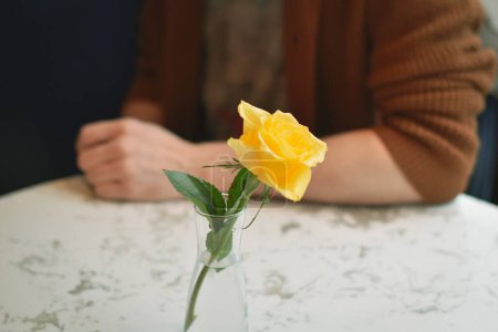 Téléchargez les photos : Gros plan d'un vase avec une rose jaune sur une table de café près d'une personne - en image libre de droit