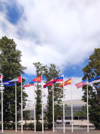 Téléchargez les photos : Un plan vertical d'une rangée de drapeaux de différents pays sur des pols blancs sous un ciel nuageux. - en image libre de droit
