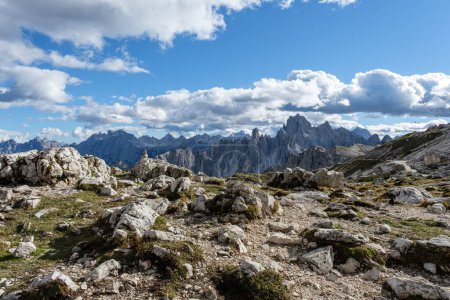 Photo for Fantastic panoramic view of Tre Cime de Lavaredo mountains with blue sky and beautiful clouds in South Tyrol, Italy - Royalty Free Image