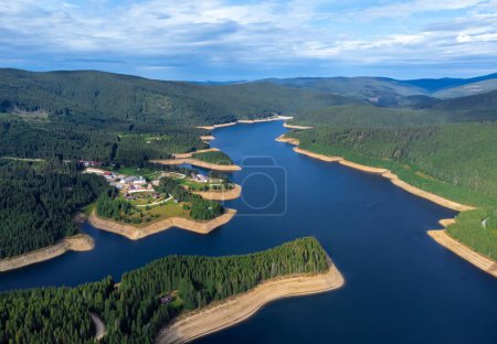 Téléchargez les photos : Vue aérienne du lac Oasa en Roumanie entouré de sapins - en image libre de droit