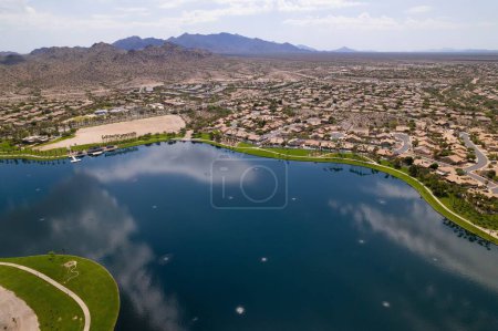 Photo for An aerial view of North Lake and Goodyear, Arizona cityscape with mountains in the background - Royalty Free Image
