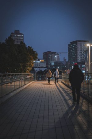 Téléchargez les photos : Un plan vertical de personnes marchant sur la passerelle piétonne la nuit et les architectures du quartier de Tang Qiao en arrière-plan à Shanghai, en Chine - en image libre de droit