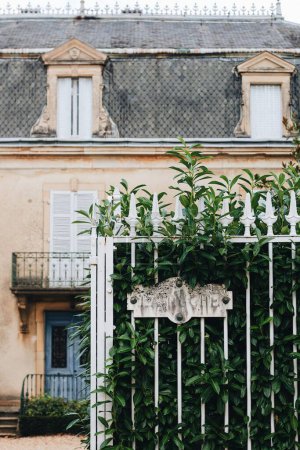 Téléchargez les photos : Une clôture métallique avec un grand arbuste de laurier aux feuilles vertes et panneau "LARUCHE" sur un fond de maison ancienne - en image libre de droit