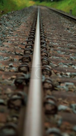 Téléchargez les photos : Un gros plan vertical de vieux rails de tramway rouillés, fond d'herbe - en image libre de droit