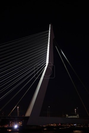 Téléchargez les photos : Détail architectural nocturne éclairé de l'infrastructure du pont Erasmus dans la ville portuaire néerlandaise Rotterdam avec ses cordes de câble visibles - en image libre de droit