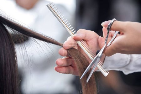 Téléchargez les photos : Un gros plan d'un coiffeur coupant les cheveux d'une femme - en image libre de droit